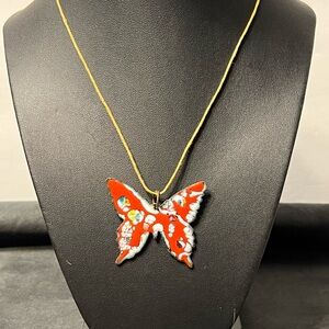 Butterfly Pendant Necklace in Red and Gold